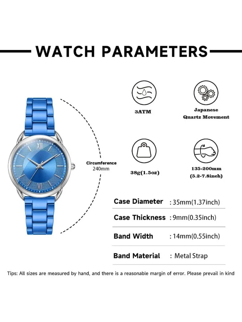 Women's Blue Silver Roman Numeral Dial Analog Alloy Steel Strap  Wrist Watch